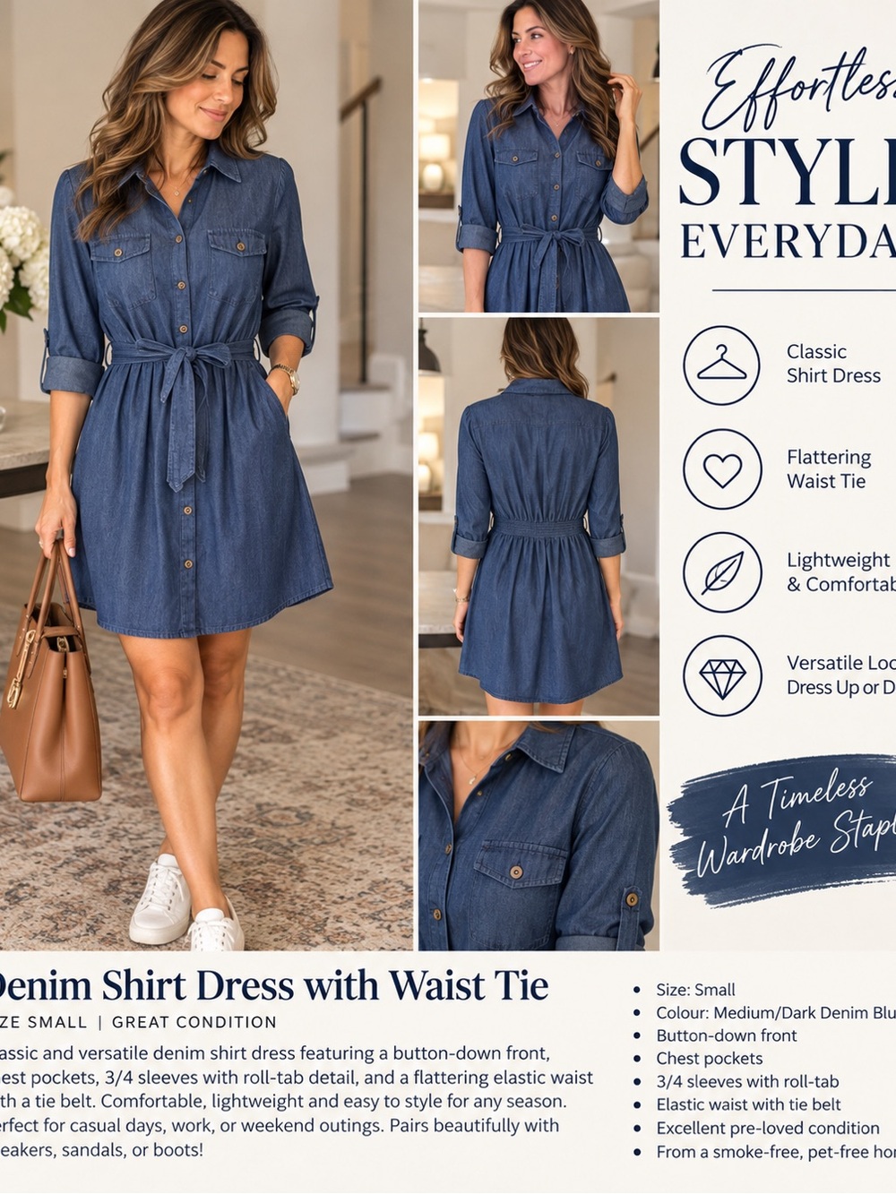 Millenium Denim Chambray Shirt Dress Belted Waist Size S